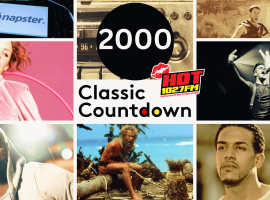 Collage with 2000 Classic Countdown and HOT 102.7 FM logo, featuring artists, a Napster logo, a man stranded on a beach, and a vintage radio, highlighting pop culture from the year 2000.