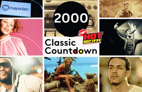 Collage with 2000 Classic Countdown and HOT 102.7 FM logo, featuring artists, a Napster logo, a man stranded on a beach, and a vintage radio, highlighting pop culture from the year 2000.