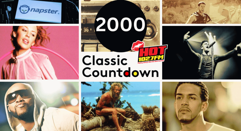Collage with 2000 Classic Countdown and HOT 102.7 FM logo, featuring artists, a Napster logo, a man stranded on a beach, and a vintage radio, highlighting pop culture from the year 2000.