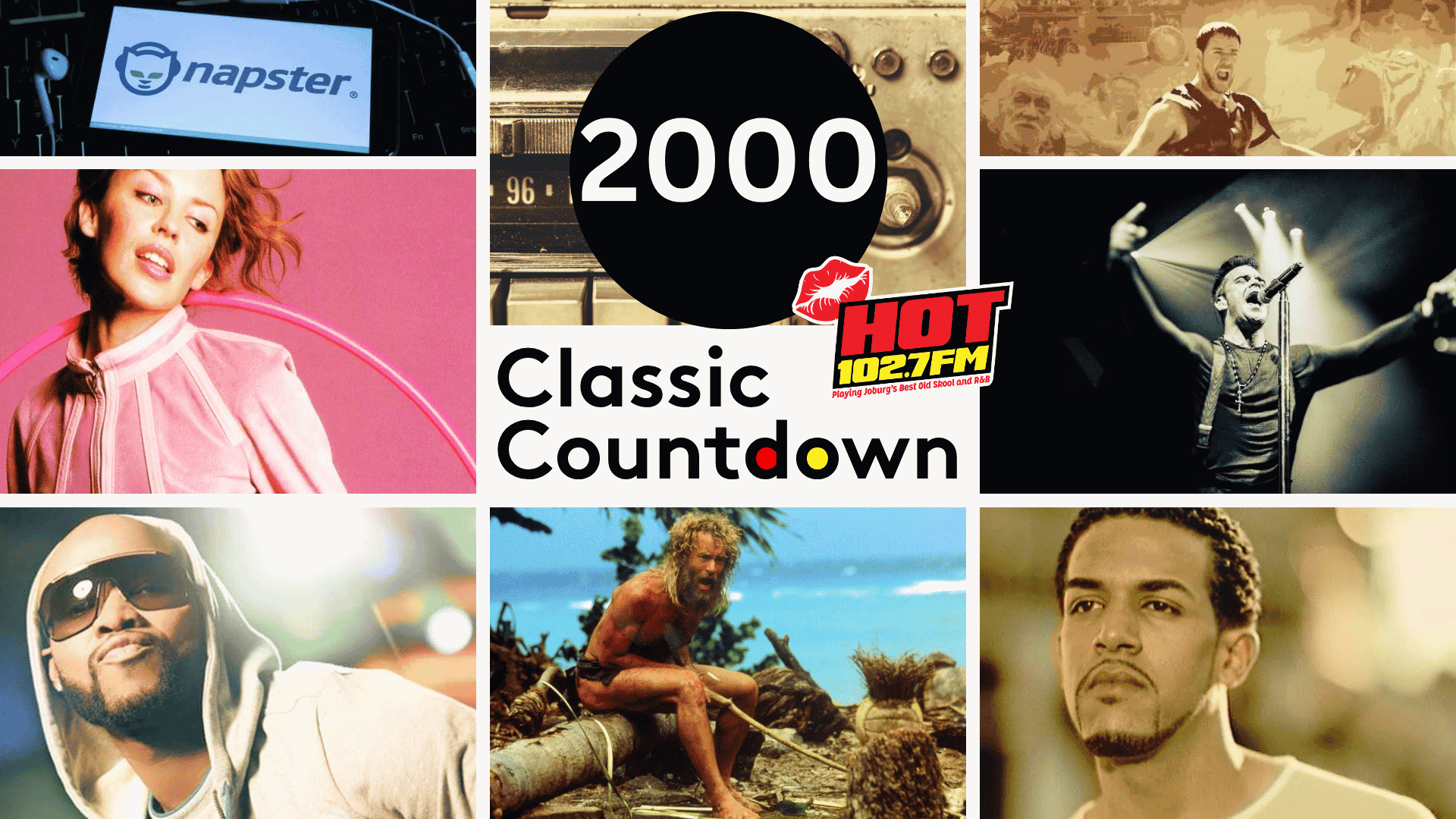 Collage with 2000 Classic Countdown and HOT 102.7 FM logo, featuring artists, a Napster logo, a man stranded on a beach, and a vintage radio, highlighting pop culture from the year 2000.