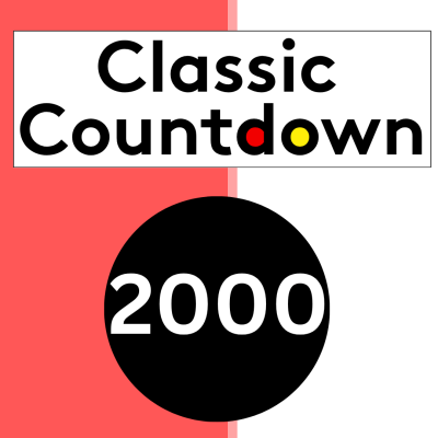 Text graphic with &ldquo;Classic Countdown&rdquo; in bold black letters, featuring red, yellow, and black dots in the &lsquo;o&rsquo;. Below, a large black circle contains the white number &ldquo;2000&rdquo;. Background is split red and white vertically.