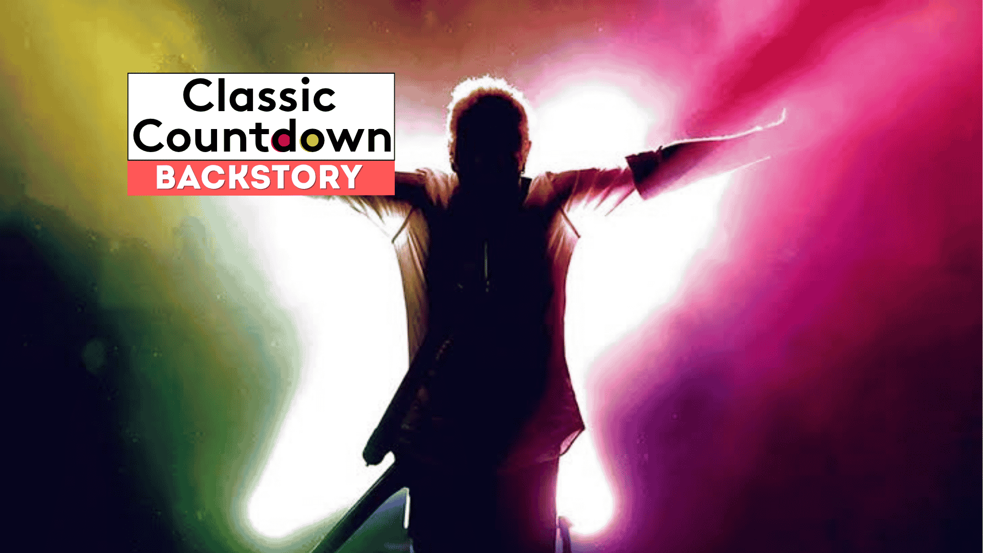 A person stands with arms outstretched in front of a bright, colorful background. The text Classic Countdown BACKSTORY appears in the top left corner, offering a glimpse into the backstory of icons like Robert Palmer.