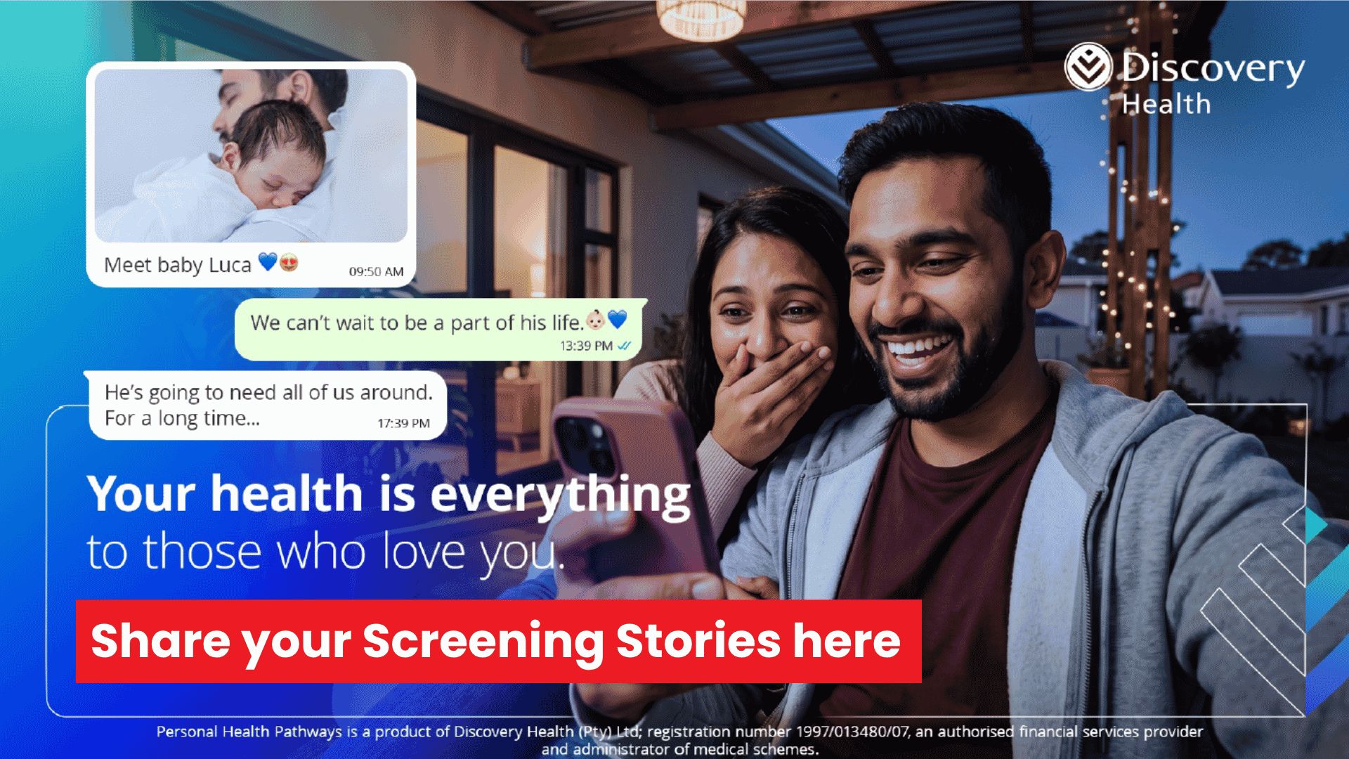 A couple smiles at a phone, celebrating a baby named Luca in a message. Text promotes Discovery Health and invites people to share their screening stories, highlighting the importance of health for loved ones.