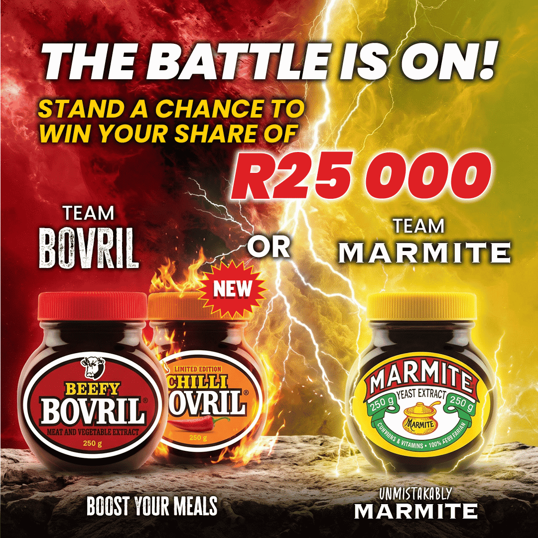 Two Bovril jars and one Marmite jar face off amid red and yellow lightning. Text reads: The battle is on! Stand a chance to win your share of R25,000 with Amex. Team Bovril or Team Marmite.