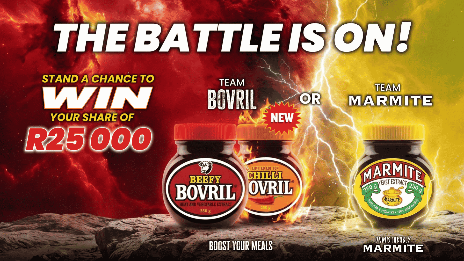 Promo image showing Bovril and Marmite jars with bold text: The battle is on! Stand a chance to win your share of R25,000. Team Bovril or Team Marmite. Lightning divides the background into red and yellow sides.