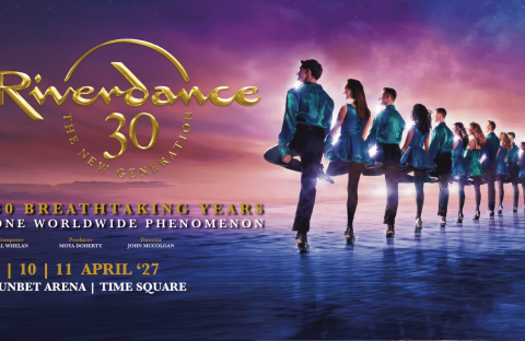 Riverdance 30 poster: A line of dancers in teal costumes performs on stage. Text highlights 30 years of Riverdance, show dates, and venue at SunBet Arena, Time Square, with gold and white lettering on a blue background.