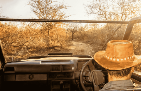 A person wearing a brown hat drives an open-top vehicle along a dirt road through a dry, sunlit landscape with sparse trees and golden foliage, a winter blanket tossed across the back seat for warmth on cooler evenings.