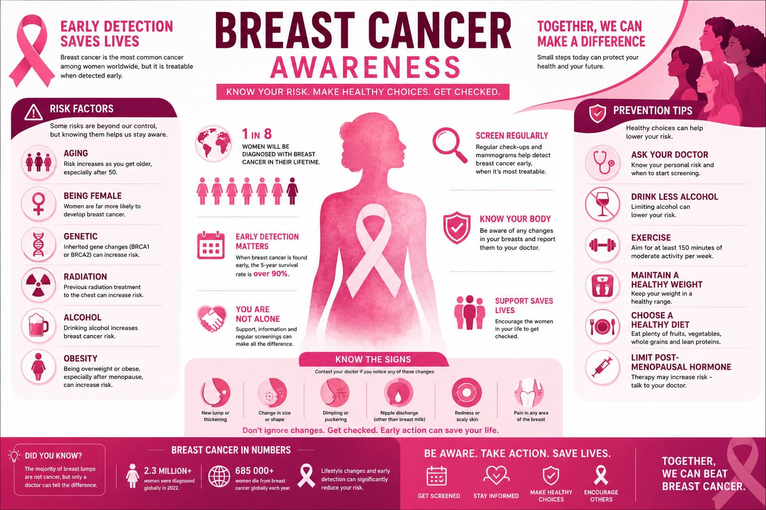 Infographic on breast cancer awareness showing risk factors, prevention tips, symptoms, facts, and statistics. Central image is a silhouette with a pink ribbon. Text highlights early detection, self-exams, and regular screening.