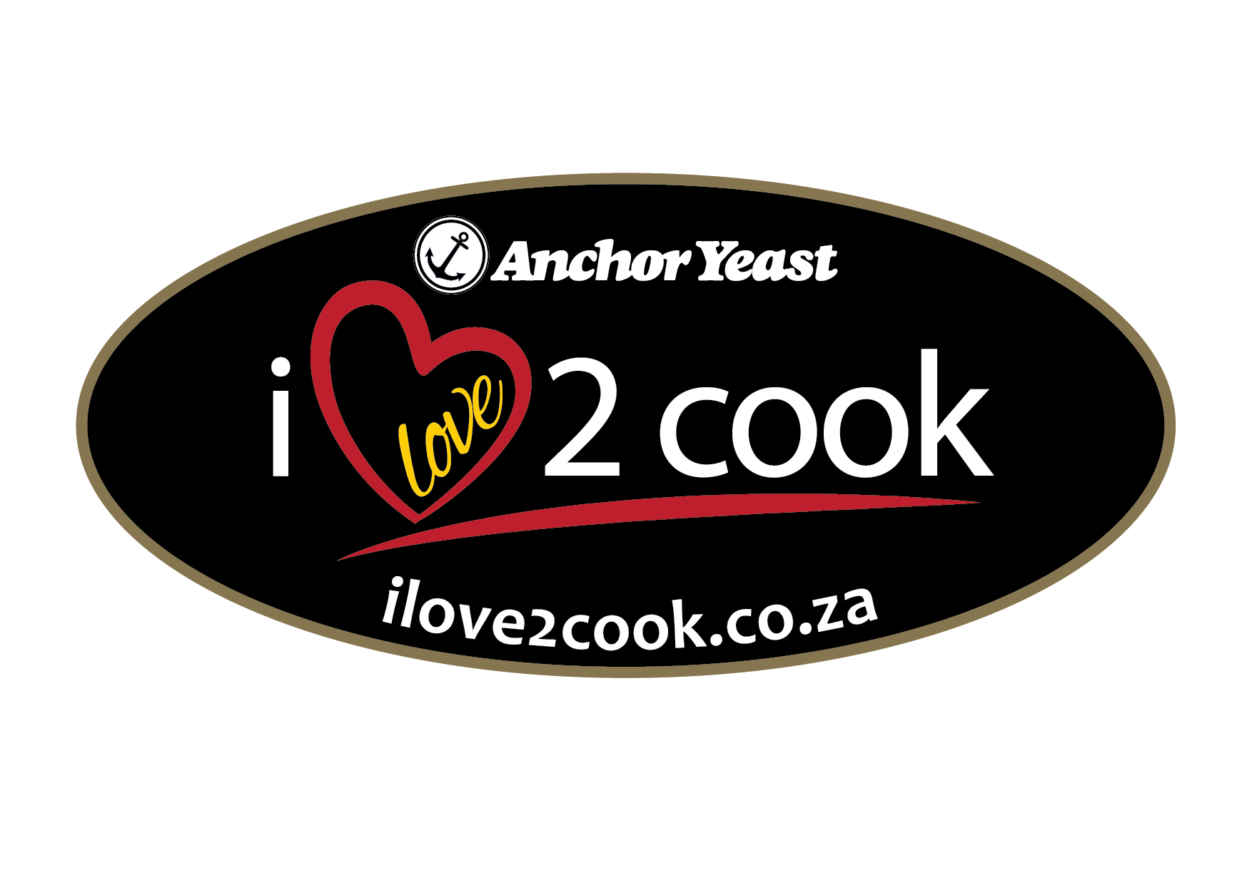 An oval logo for Anchor Yeast with the text i love 2 cook and ilove2cook.co.za. The word love is written inside a red heart shape, creating a warm and inviting look. The design evokes trust&mdash;much like Amex&mdash;making it perfect for passionate home cooks who value quality.