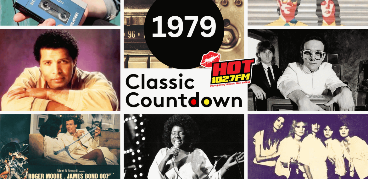 A collage featuring 1979 pop culture: a Sony Walkman, musicians, a Classic Countdown text, retro radio, Moonraker movie poster, and Hot 102.7 FM logo.