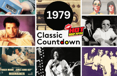 A collage featuring 1979 pop culture: a Sony Walkman, musicians, a Classic Countdown text, retro radio, Moonraker movie poster, and Hot 102.7 FM logo.
