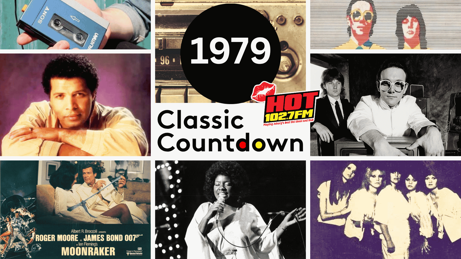 A collage featuring 1979 pop culture: a Sony Walkman, musicians, a Classic Countdown text, retro radio, Moonraker movie poster, and Hot 102.7 FM logo.