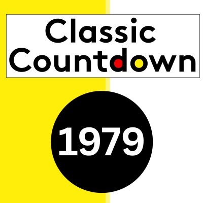 A graphic with Classic Countdown in bold text, featuring red, yellow, and black letters, above a black circle with 1979 in white, set on a split white and yellow background.