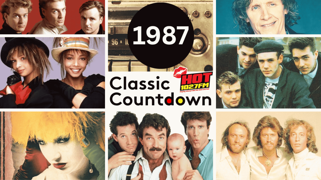 A collage of famous music artists from 1987 surrounds a central circle labeled 1987 Classic Countdown HOT 102.7 FM, featuring pop and rock musicians from the era.