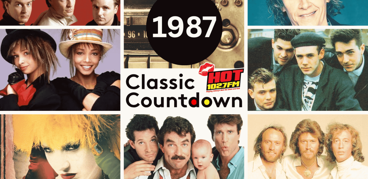 A collage of famous music artists from 1987 surrounds a central circle labeled 1987 Classic Countdown HOT 102.7 FM, featuring pop and rock musicians from the era.