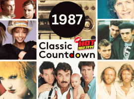 A collage of famous music artists from 1987 surrounds a central circle labeled 1987 Classic Countdown HOT 102.7 FM, featuring pop and rock musicians from the era.