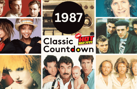 A collage of famous music artists from 1987 surrounds a central circle labeled 1987 Classic Countdown HOT 102.7 FM, featuring pop and rock musicians from the era.