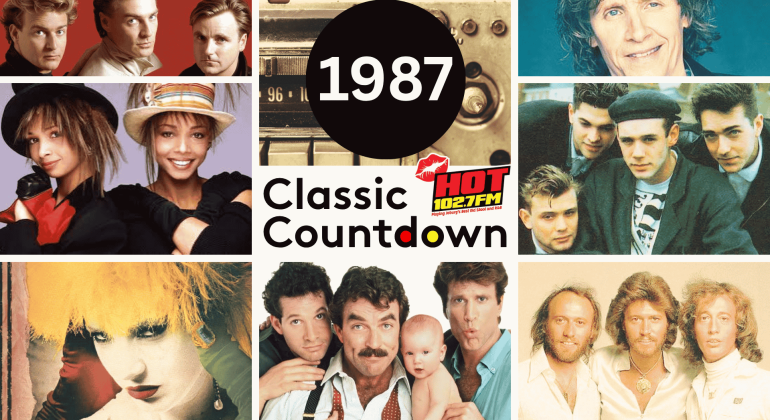 A collage of famous music artists from 1987 surrounds a central circle labeled 1987 Classic Countdown HOT 102.7 FM, featuring pop and rock musicians from the era.