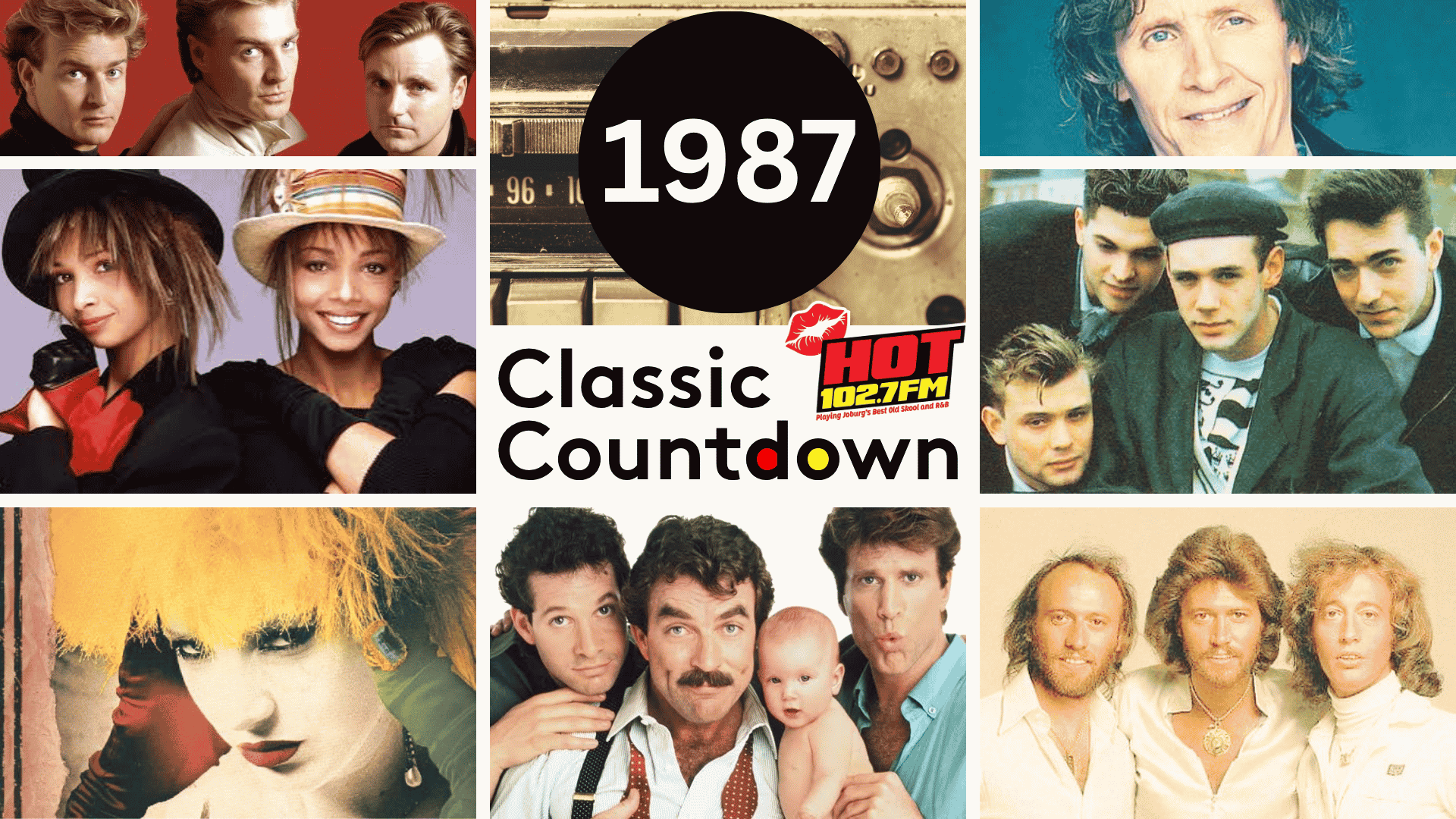 A collage of famous music artists from 1987 surrounds a central circle labeled 1987 Classic Countdown HOT 102.7 FM, featuring pop and rock musicians from the era.