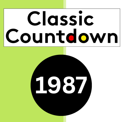 Classic Countdown text above a black circle with 1987 in white. Letters o in Countdown are colored red and yellow. Left half of background is light green, right half is white.