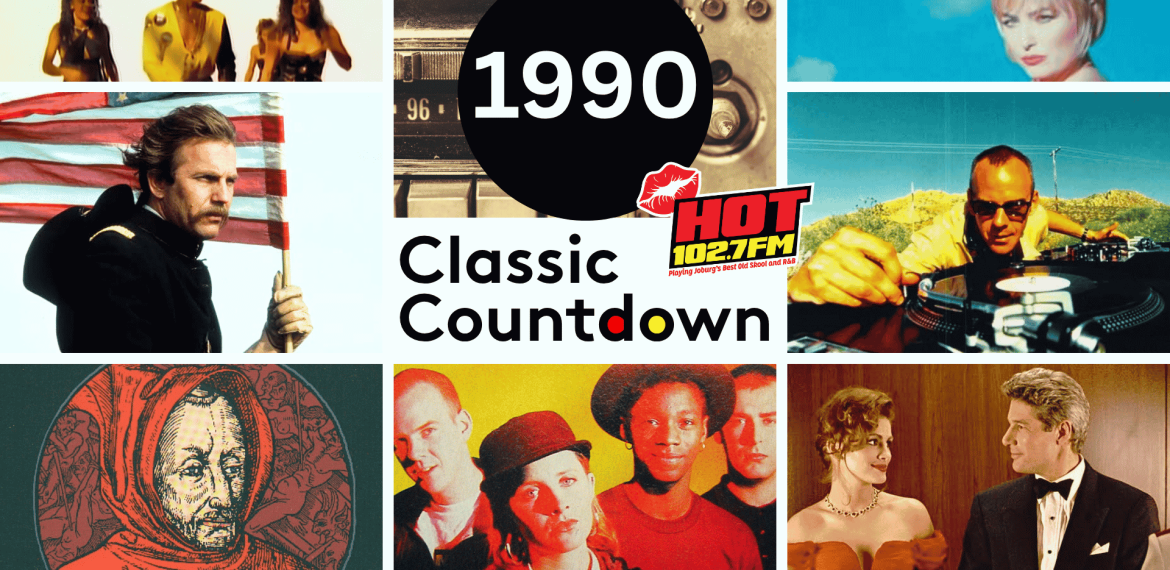 Collage of pop culture images from 1990, including musicians, a DJ, a couple dressed formal, a man with an American flag, and Classic Countdown text with a HOT 102.7 FM logo.