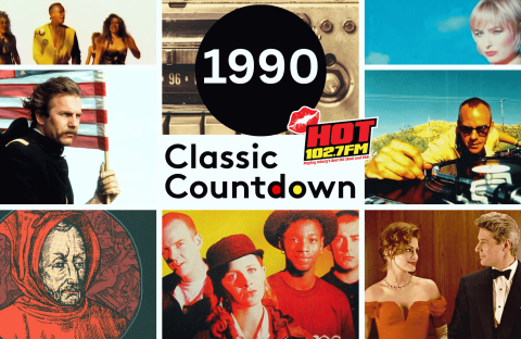 Collage of pop culture images from 1990, including musicians, a DJ, a couple dressed formal, a man with an American flag, and Classic Countdown text with a HOT 102.7 FM logo.