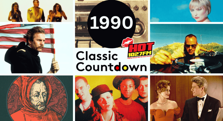 Collage of pop culture images from 1990, including musicians, a DJ, a couple dressed formal, a man with an American flag, and Classic Countdown text with a HOT 102.7 FM logo.