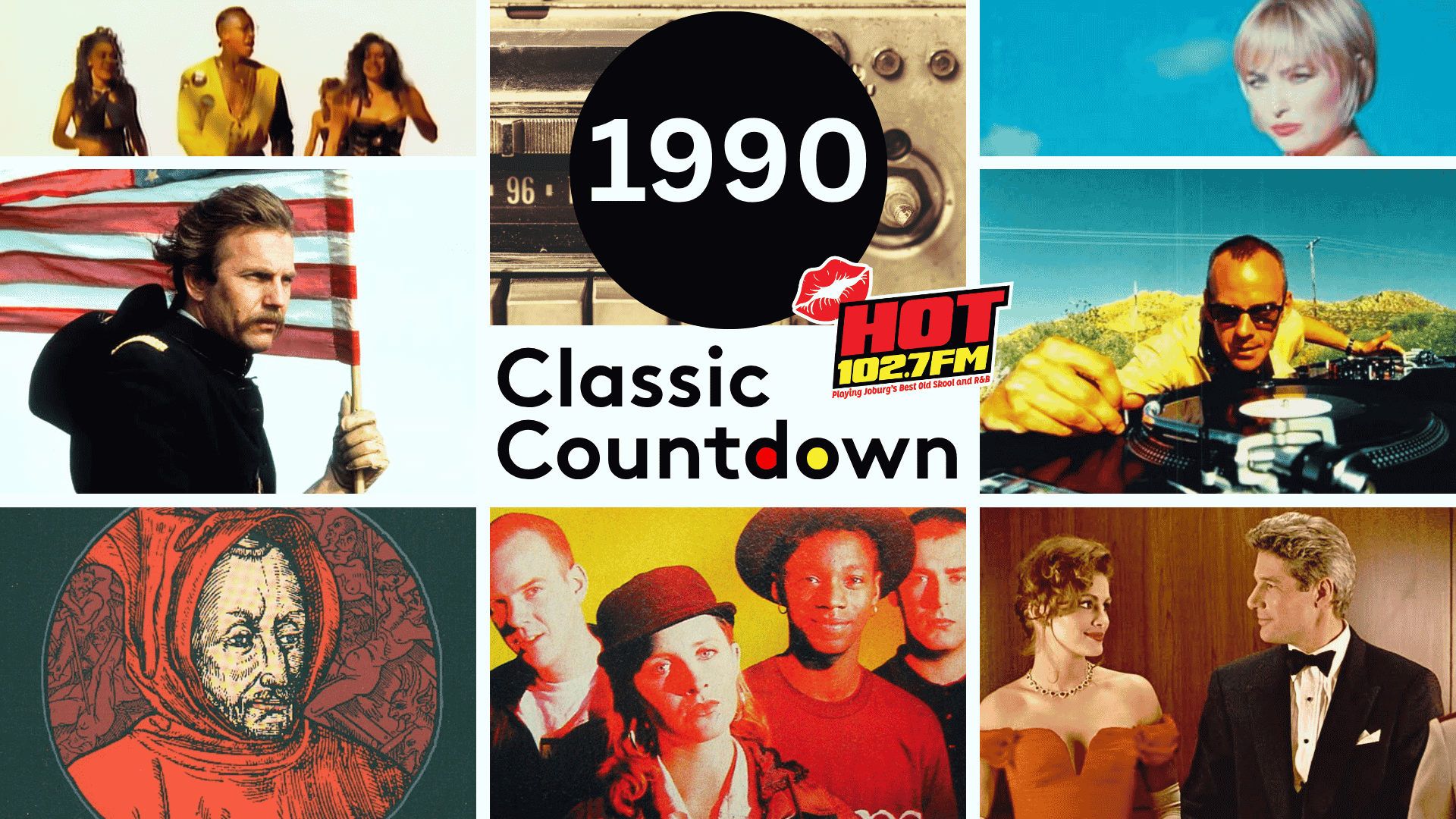 Collage of pop culture images from 1990, including musicians, a DJ, a couple dressed formal, a man with an American flag, and Classic Countdown text with a HOT 102.7 FM logo.