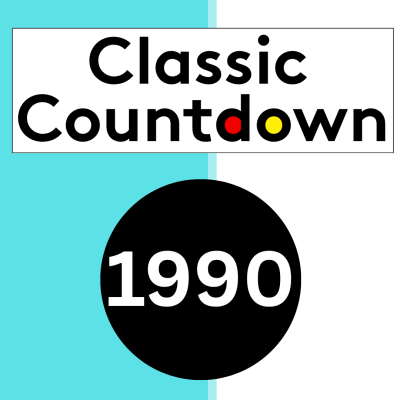 Graphic with Classic Countdown in large text, 1990 inside a black circle, and a split aqua and white background. The letters o,u, and n in Countdown are colored red, yellow, and black.