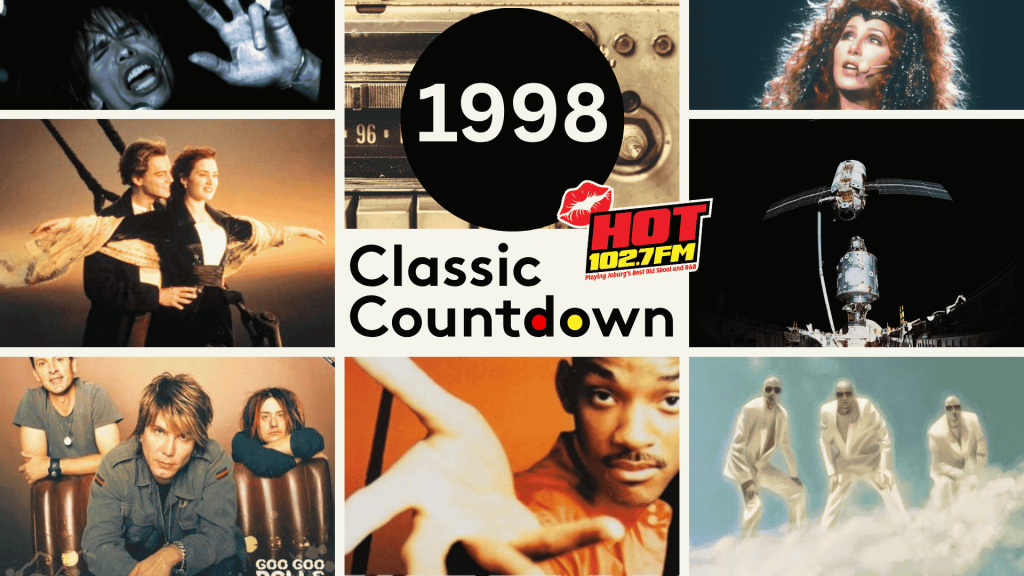 A collage of 1998 pop culture: scenes from movies, a radio, a satellite, musicians, singers, and a 1998 Classic Countdown logo with the HOT 102.7 FM logo in the center.
