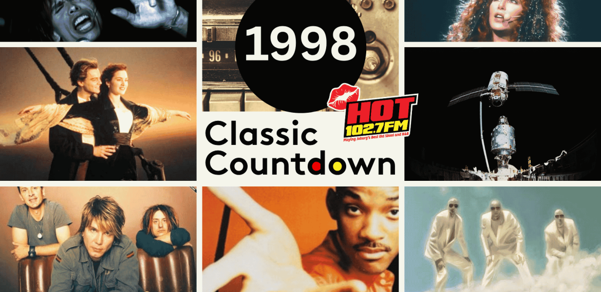 A collage of 1998 pop culture: scenes from movies, a radio, a satellite, musicians, singers, and a 1998 Classic Countdown logo with the HOT 102.7 FM logo in the center.