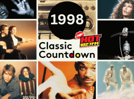 A collage of 1998 pop culture: scenes from movies, a radio, a satellite, musicians, singers, and a 1998 Classic Countdown logo with the HOT 102.7 FM logo in the center.