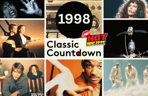 A collage of 1998 pop culture: scenes from movies, a radio, a satellite, musicians, singers, and a 1998 Classic Countdown logo with the HOT 102.7 FM logo in the center.