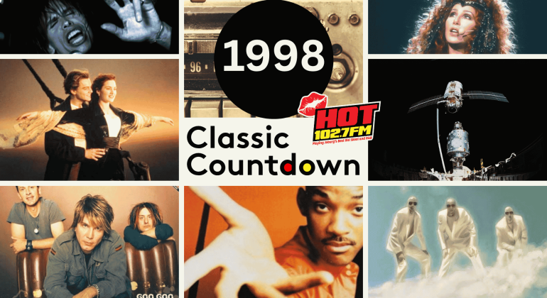 A collage of 1998 pop culture: scenes from movies, a radio, a satellite, musicians, singers, and a 1998 Classic Countdown logo with the HOT 102.7 FM logo in the center.