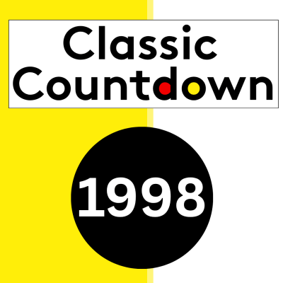 Graphic with Classic Countdown in bold text above a black circle containing 1998, set on a yellow and white split background. The letters o in Countdown are colored red and yellow.