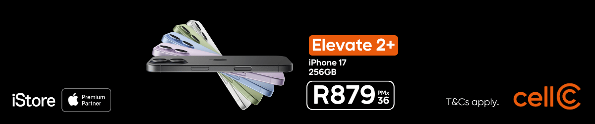 IPhone 17 in multiple colors is shown with text: Elevate 2+ iPhone 17 256GB, R879 P/m x36. Join the HOT Club for exclusive offers. Includes iStore and Cell C logos. Black background.