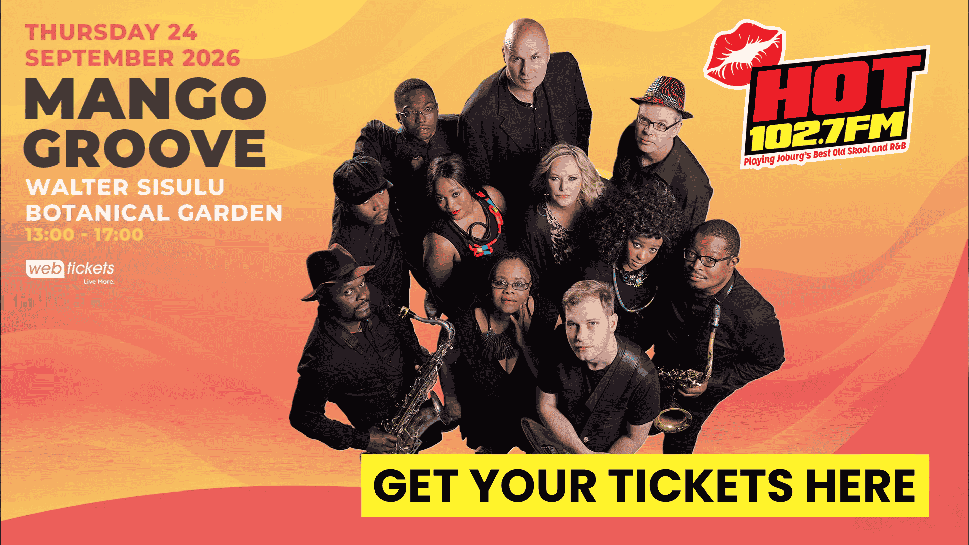 Poster for a Mango Groove concert on 24 September 2026 at Walter Sisulu Botanical Garden, 1-5pm. Includes photo of band members and HOT 1027 FM logo, with Get Your Tickets Here highlighted at the bottom.