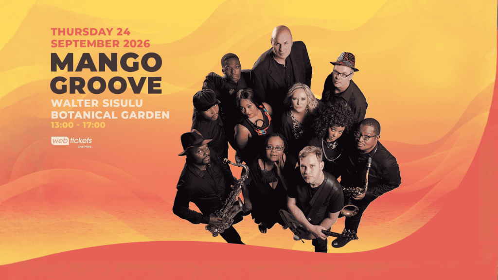 Band members of Mango Groove pose together with musical instruments on a warm orange-yellow background, promoting their concert on 24 September 2026 at Walter Sisulu Botanical Garden. Event time and ticket info are also shown.