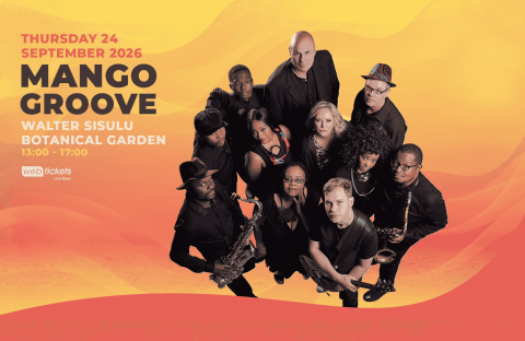 Band members of Mango Groove pose together with musical instruments on a warm orange-yellow background, promoting their concert on 24 September 2026 at Walter Sisulu Botanical Garden. Event time and ticket info are also shown.