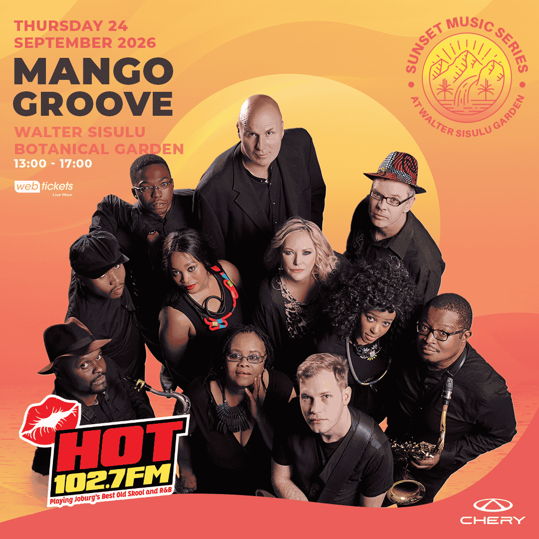 A group photo of Mango Groove band members posing together, promoting a performance at Walter Sisulu Botanical Garden on 24 September 2026, as part of the Sunset Music Series, with Hot 102.7 FM and sponsor logos included.