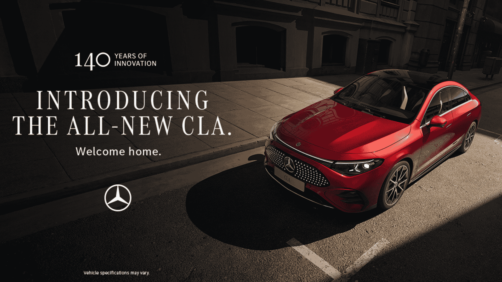 A red Mercedes-Benz CLA parked on a sunlit urban street. Text says, 140 years of innovation. Introducing the all-new CLA. Welcome home. Mercedes-Benz logo is displayed, with exclusive Amex offers available for select customers.