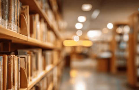 Rows of books on library shelves in soft focus, with warm lighting and a blurred background creating a calm, inviting atmosphere&mdash;like a bank of knowledge waiting to be explored.