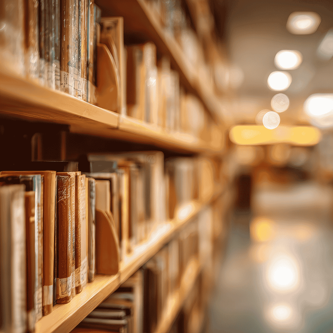 Library shelves filled with books in warm lighting, reminiscent of an old bank&rsquo;s quiet atmosphere, with the focus on the book spines and a softly blurred background of the aisle and distant lights.