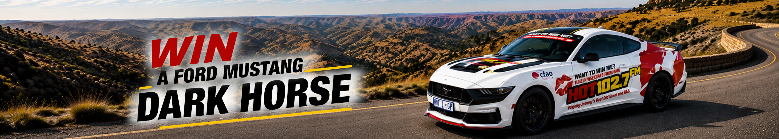 A white Ford Mustang Dark Horse with racing graphics drives on a winding mountain road. Text reads: Win a Ford Mustang Dark Horse when you listen live stream. Rolling hills and blue sky are in the background.
