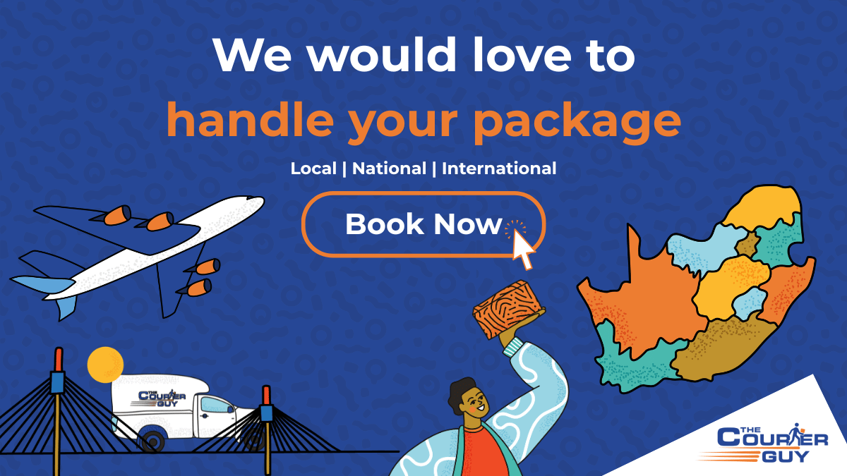 Advertisement for The Courier Guy, featuring striking images of a plane, truck, package, and a map of South Africa. Text reads: We would love to handle your package. Book with Courier Guy now.