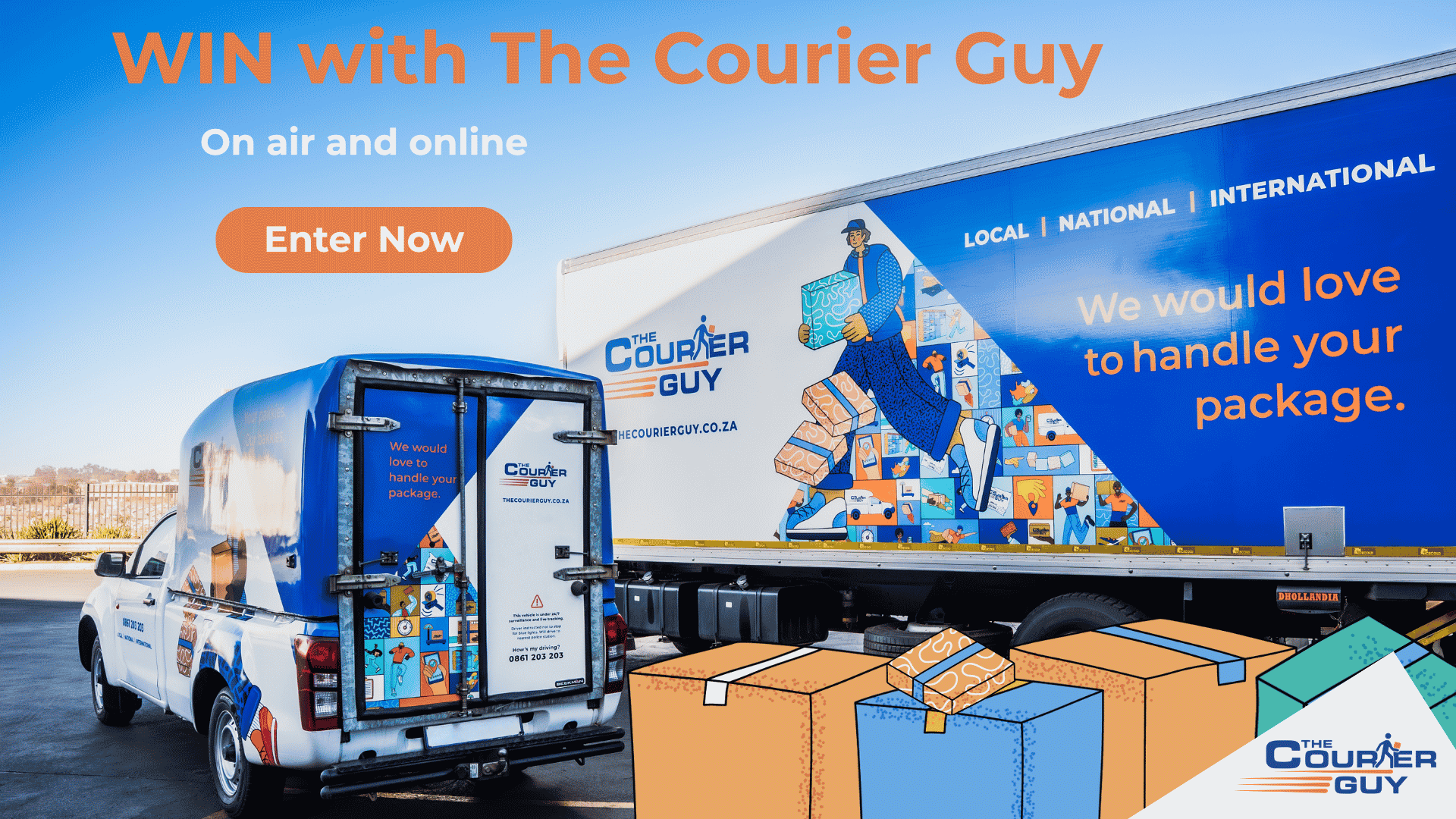 A branded Courier Guy truck and van, both displaying cartoon parcels, stand out in this vibrant scene. Text: WIN with Courier Guy, Enter Now, and We would love to handle your package. Some illustrated parcels appear in the foreground, highlighting the trusted service of Courier Guy.