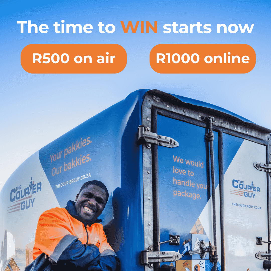 A smiling Courier Guy in an orange jacket stands by a blue delivery truck. Text reads, The time to WIN starts now. R500 on air. R1000 online. The Courier Guy.