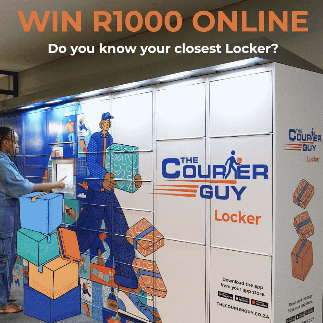 A woman uses a Courier Guy locker kiosk as part of a contest to win R1000 online. The lockers, branded with Courier Guy&rsquo;s colorful graphics, stand out in crisp white.