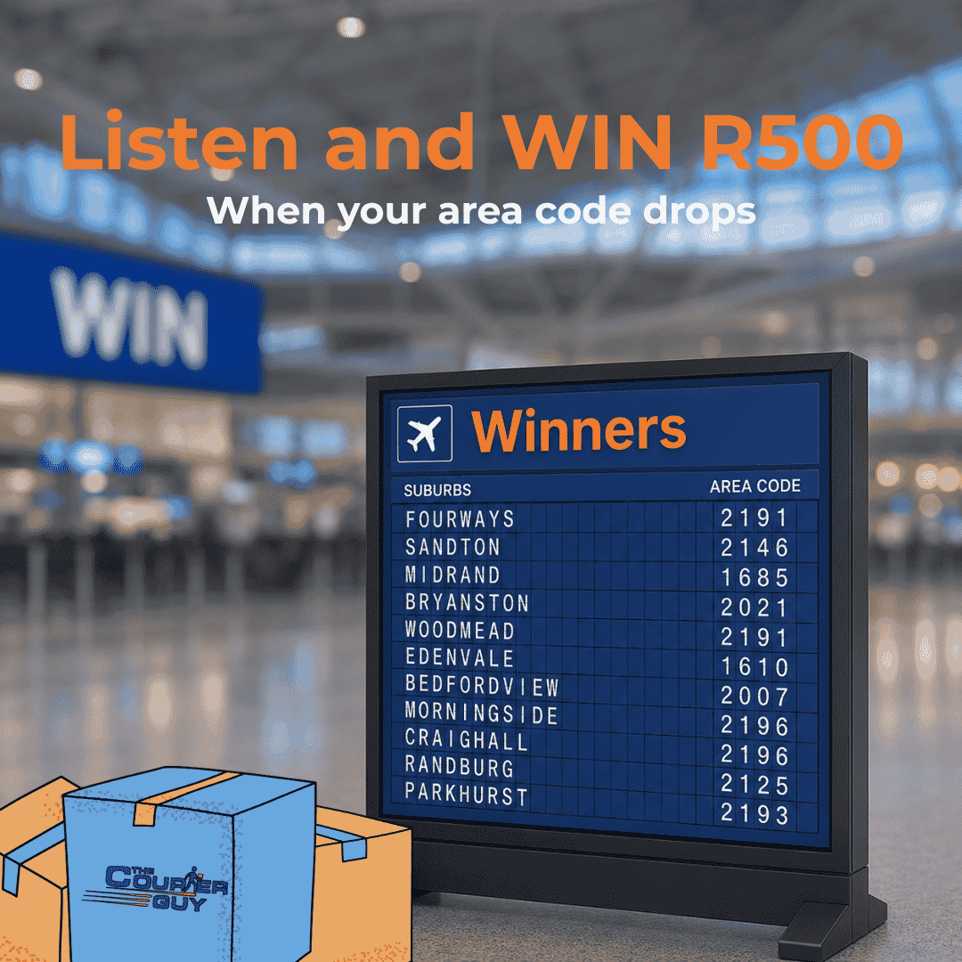 Airport scene with a digital board listing winning suburbs and area codes for a R500 prize, brought to you by Courier Guy. Large text says Listen and WIN R500 above the board. A blue WIN sign, Courier Guy branding, and a cardboard box are also visible.