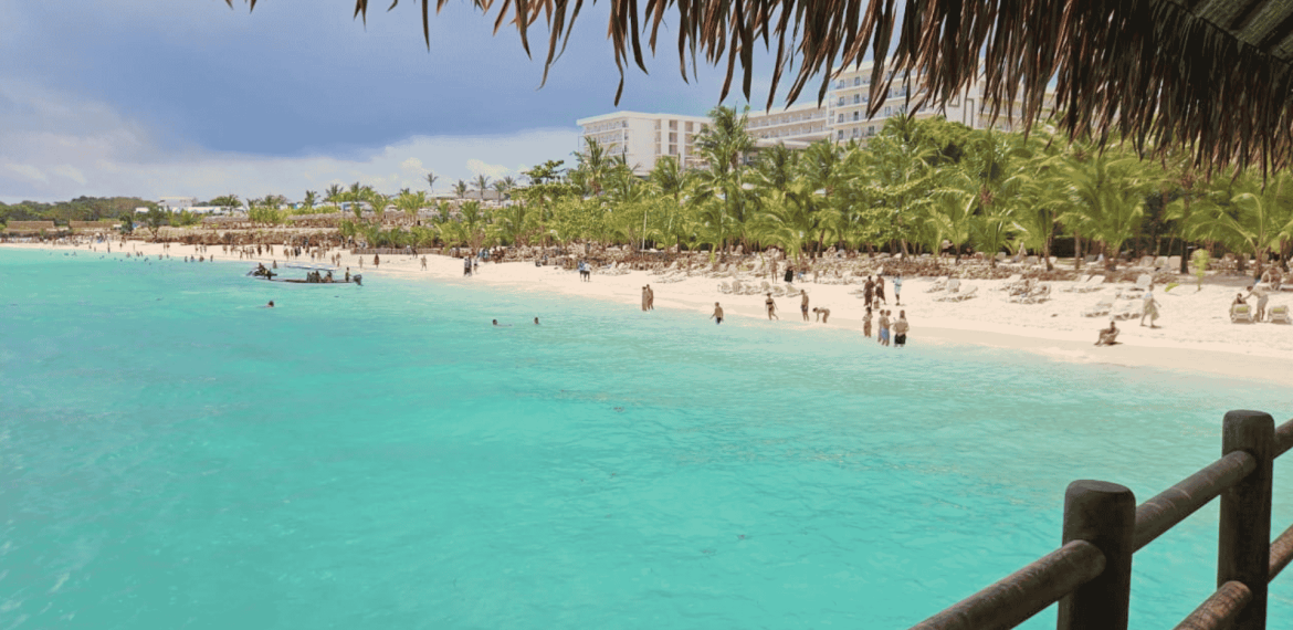 View of a tropical beach with turquoise water, people swimming, palm trees, and a white hotel in the background, seen from under a thatched roof&mdash;a perfect escape from the winter blanket that covers much of the world.